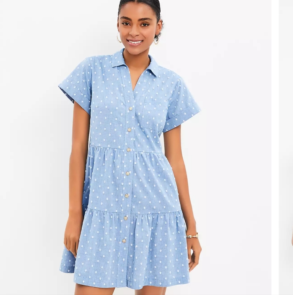 LOFT Chambray Clip Tiered Pocket Shirtdress